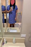 ok price, material feels nice. Blue color doesn't have a white layer inside, but white color with red stripe has it (I dislike extra layer inside, maybe the designer is afraid white color is see through without extra layer?) I return white color, just keep blue. Size S fits me well, a lil loose exactly, nice color - Annie D.