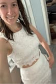 I originally ordered a Medium, but it was loose on my waist and the top hung loosely. I exchanged for a small, and it's perfect. High quality fabric that doesn't show through. I have a longer torso, which makes the 2 pieces more obvious that some other reviews I've seen. The top is also great for pairing with jeans. - Bethany W.