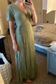 Was searching for an olive green dress for a wedding I am in and decided to give this dress a try. I LOVE it. The color is beautiful and exactly like the picture. The fit is very flattering. The only concern I have is that I may get hot in it with the slight sleeve at an outdoor wedding. It is the perfect length to be able to wear a 2-3" heel in for someone who is 5'7". I can't wait to steam it and see what it will look like without all the wrinkles from being packaged up! Would definitely recommend- such a quality dress for such an affordable price. - Hailey S.