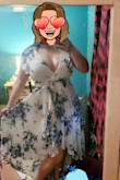 I love this dress! I ordered it for my engagement pictures and it's perfect. Based on reviews I knew I'd have to size up for my bust (34GG) and I'm glad i did because the material has no stretch.  The dress is long enough in the back that it's like it had a little train. The pattern is romantic and feminine and I just feel so beautiful and elegant in this dress. - Kacie B.