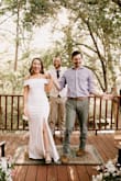 Due to Covid-19, my large wedding was pushed from May to September, and we opted for a small elopement with family in the meantime. I couldn't get my wedding dress from my seamstress because of the pandemic, so I ordered this one online, and it couldn't be any more perfect. I ordered a small and a medium, and the medium fit perfectly. It is form-fitting, but in a flattering way. It is a thick, stretchy material that hugs your curves in all of the right places. It was long on me, and obviously I didn't have time to get it hemmed, but it wasn't a problem because of the slit. I will never get over how perfect this dress is. If I hadn't spent so much already on my other wedding dress, I would wear this for the wedding in September too! - Brittany O.