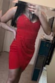I ordered this dress for sorority recruitment and it fits comfortably. The material is stretchy and not see through. The color is more of a red rather than a red orange. - Olivia N.