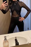 Gorgeous. I ordered M in fear that size S would be too tight at bottom snaps and too short in the arms. Medium is perfect and stretchy. Ordered a sticky bra from Lulus for it, but with this, you will either go pasties or braless. - JORDAN H.