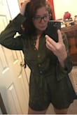 Cons: Sleeves are way too long, does the booty no favors, wrinkly material 
Pros: Beautiful green color, nice thick fabric, sleeves roll up, can bend over without showing the cheeks - Megan M.