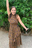 I cannot believe that I waited as long as I did to buy this dress! I've had it in my LOVES for so long but never went for it until now, and whyyyyyy did I wait?!? This dress is gorgeous and I feel so lovely in it :))) I am a size 4-6 in dresses (my normal fluctuation in size throughout the year), and the MEDIUM fits perfectly. The stretchy waist is nice and I can tell that a SMALL would have been too tight. The colors/pattern are absolutely beautiful and the purple flowers pop just right! I am so in love with this dress!!! - Sarah G.