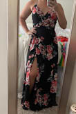 This dress fits in all the right places and is so pretty! I'm 5'5" so with some heels this dress length was perfect. This is a "wrap" style dress go it has strings you can use to tighten or loosen the shape of the dress around the waist. I was able to wrap it around my waist twice to tie in the back, but you can tie a bow to either side. Also, no bra needed, between the V in the front and my ability to tighten the waist everything was secure and looked good. Wore this to a wedding. - Caitlin M.