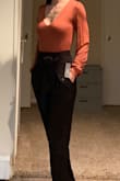 I got this pants in XS since XS fits me perfectly in the Confidence paper bag pants. So glad I did! It fits perfect! In this photo you can also see the orange top I got in small! Love both! - Kate M.