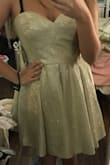 This dress is so sparkly, I'm obsessed. I got a size 6 which was comfortable for my waist, but also really baggy in my bust area (needs to be tied really tight). The color is like a combination of gold and silver. This dress is long on me because I am short but it looks normal with heels. - Daniella B.