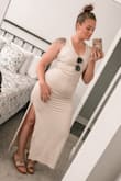 Super great maxi but it definitely clings to the skin and it's definitely see through so make sure to have some nude-colored undergarments to wear with it. Very soft material and stretches and moves with you. - Jen D.