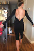 I was a little nervous when it came but after trying it on, I fell in love! I have not worn it yet as I bought it for future work events, weddings and semi-formal family functions. The arms are slightly on the tight side, and the hips hug very snug but my suggestion is to measure yourself and see what other people your measurements bought. I would've ordered a medium but a small due to measurements was true to size! I cannot wait to flaunt this dress as it definitely flatters ones back and figure. Material is slightly stretchy and the zipper on the side makes it easy to don and doff. Do not recommend wearing with a runners sports bra tan haha. - Alexandra C.
