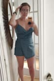 This romper is to DIE FOR. 
Denim, adorable, fits perfectly. 
Only complaint is that the hidden zipper is like all hidden zippers and isn't the easiest to zip up and down. Honestly, though, all hidden zippers are like that, it's their hallmark. It's not difficult enough to make me dislike this romper even a little bit. 
Shorts openings are loose *ahem* meaning if you're like me and don't like to get naked in a bathroom stall to pee you can slide the opening of the shorts to the side to pee. No shame.
Please excuse my poor photos, I got so excited coming home to this romper after work I couldn't wait to try it on! - Ashley T.