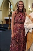 The dress was absolutely beautiful! Lovely floral, light weight material. I originally ordered a small, but had to exchange for an extra small because the bust part looked too loose. The extra small fit perfectly at the waist. Very modest! - Marie M.