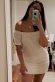 Super cute off shoulder dress. Only trouble I had was in my hip area. The dress doesn't stretch any and my hips are pretty wide. Other than that, I love it. - Sarah S.