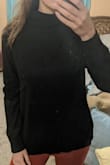 Doesn't look like a cheap sweater, even though the material is more thin than thick. Longer in the back than front, so it will cover your butt. I will wear it with my leggings. Overall, it is very comfy to wear and is basic piece of clothing for everyday. - Polina L.