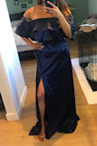 Ordered this for my best friend's Fall wedding - fits perfectly, just need to get it hemmed about 3" (that's expected since I'm very petite).  We love the saturated Navy blue color and thick satin fabric. Super flattering!! - April D.