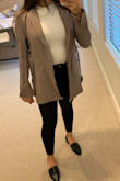 Love this blazer. Material is stretchy and feels amazing on. You can wear it with the belt or without it and it still looks cute! The sleeves flare a little bit at the end which adds some personality. Great option to wear to work too! - Hannah C.