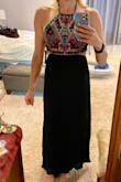 So this dress would probably look VERY cute on the right body type but unfortunately it didn't work for me. I'm tall but Lulus maxis are usually long enough for me. This one was probably an inch too short though. It was probably wearable but I prefer to have maxis almost touch the ground. My biggest issue with this dress though was the chest coverage. I'm a "small" 34D and my boobs were spilling out of the sides. It looked like I had terrible armpit fat. I'm usually between a small and medium with Lulus and went with a small but medium would have probably been a better choice. The skirt itself was a little tight and gave me some back fat as well. I wish it would have worked but I think it would look great on someone a little more petite. - Laura M.
