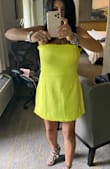 I wore this dress for my niece's bachelorette party. I was reluctant to order because the only size available was an XL but I really liked the color and it went with the theme of the party! I normally wear a size small or medium but I read the reviews about it running small and being too short. I think large would have been perfect  because The dress was a little loose around my waist and hips but it fit really good on the top and it was not short. the dress is well made for the price and it was very comfortable being a little loose. I got a lot of compliments and the color looked great with my skin tone. I wore this dress with heels but also tried a pair of white sneakers for a more casual look. - Elizabeth L.