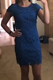 Very cute dress, I love lace and this royal blue so I had to order this dress. It's a great length because it isn't too long but it is long enough (it's not too short). The dress is a little thick for a summer dress (like for an outside wedding) but I tend to get hot easily. I have an athletic build and I was between getting a medium and a large and I'm glad I ordered the large because it is a form-fitting dress (which I like)! - Jaslyn W.