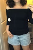 Fabric is thin & breathable but NOT see through! A little too off- the- shoulder for me but still cute. BTW don't yank the tag off like I did unless you want a small hole on your cute top! - Monica Y.