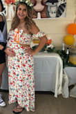 Wore this dress for my baby shower at 7mo pregnant and it was perfect! True to size, although I went up a size to make sure it was not too tight with baby belly. The openings on the sides and the slits made it perfect for summer. Very flowy, light material, stretchy in the top area. I'm 5'1" and the back just barely touched the floor when barefoot. - Diana A.