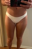 Good material, seems like it will do well in the water! It is definitely on the cheeky side.
The white color is very bright and clean. - Alayna A.