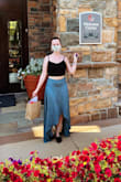 I felt like a goddess and got so many compliments wearing this. It's very versatile and goes with a lot of tops. Not see through. It does sit very high on your waist and there's no give. I wish the whole waist was elastic! I'm short and the back brushed the ground when I walked but it still looked cute. Wrinkles easily. - Katie B.