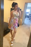 How cute are these colors and the tie around the waist is so flattering. It's a very thing a light material so I'd recommend wearing nude or a slip under but I absolutely love it. - Mae A.