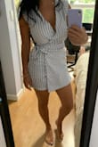 Overall love this romper. The material is definitely a little thinner than I thought it would be, but it's not terribly see-through. Can definitely get away with just wearing nude colored underwear/bra. Worth the purchase I think! - Erica R.