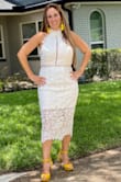 Love this dress. So comfortable and was perfect for our courthouse wedding. We were suppose to get married on a cruise this summer but covid messed that up. The M fit but was snug so ordered the L and was a bit loose. Had the halter tightened up and fit perfectly. - Michelle R.
