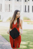 I wore this dress for some of my graduation pictures and it looked amazing. Fit me well without being too short and the little slit was perfect to help prevent it from riding up when I walked. The cleavage wasn't too much and was nice to be able to wear a normal bra with it. - Shannon P.