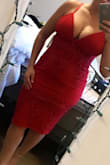 Purchased for NYE in center city Philadelphia. The fit felt like it was made for me, hugs your curves but super comfortable. I'm busty and I don't have to wear a bra!! (adjustable straps). Great quality fabric, hides dimples ; ). Look at the lace! I would highly recommend this dress. - Liza O.