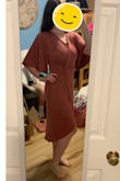 I love this dress! The wrap fit is very flattering while also being modest. I tried it with a bandeau bra for extra coverage but I hardly needed it-- the neckline can be adjusted to an extent where it covers more. I appreciate the longer length. The fabric isn't the highest quality and I'll definitely have to wear it with seamless underwear to avoid showing panty lines, but it is super soft and comfortable. I also appreciate the loose sleeves for extra comfort and adding the illusion of a smaller waist. - Kara G.