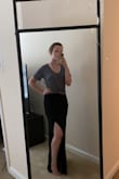 The slit is the perfect height where it's sexy but not inappropriate for any occasion. The material is good quality, but still breathable enough for summer. Very stretchy and doesn't give a muffin top. It sits high on the waist. It does easily show panty lines, so choose underwear wisely. I'm short but I can still walk even barefoot. - Katie B.