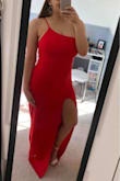 I wore this for prom and I loved it so much! the color is so beautiful and I didn't even need to wear a bra. The material is not super flattering though. - Juliet C.