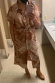 The dress itself is exactly how I expected it. Breezy, Flowy t-shirt style dress. True to size. Definitely needs belted. The only downfall is how easily it wrinkles. I sat down at the office and was surprised how it wrinkled so much just from sitting. - Lauren S.