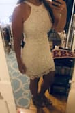 I ordered this dress for my bachelorette night. I ordered a large. I didn't want it to look like I poured myself into it. Plus that's my typical size. I would've kept it, as it fit great EXCEPT the arm holes. They were huge and I would've had to pin it. I took the chance on exchanging it for a medium and the arm holes are smaller and although it's tighter around the hips it's still not super tight! I love it! - Jessica S.
