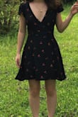 This dress is very nice. It fits me really well at the waist, but since I am very small, it goes a little lower on me. The neckline is also very low, and when I lean back on a chair, I have to keep adjusting it. However, it is still very cute and comfortable to wear. - Natalia A.