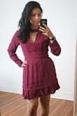 This dress is beautiful. The color is vibrant, the lace is feminine, and the v neck adds a touch of sexy without being too revealing. I can't wait to wear this, this fall. The material is light and comfortable. It hugs your curves in all the right places. - Abigail G.