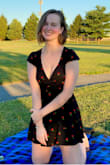 Edit: this SHRINKS! In length mostly not tightness. Even when washed cold and hung dry. 
I looooove this dress! Perfectly cut. I never wear cherry print but it's very cute and not little-kid-ish. The v is perfect for my smaller chest where it doesn't gap and it still makes my chest look it's best. The band around the stomach is kind of tight and isn't elastic so size up if in between. Would love this exact dress in other colors or prints. - Katie B.