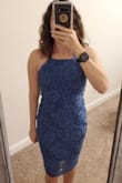I been eyeing this dress for the longest time and finally went on sale! I was worried it wouldn't fit because it was final sale but it fits like a glove! I will definitely have to use a sticky bra. This dress is sexy yet still classy for a wedding. Can't wait to wear it next month! - Lucia A.