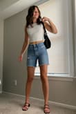 These shorts are the perfect length, and don't hug your legs in an awkward tight way. They have a little stretch but are otherwise a stiff denim, and don't excessively stretch out with wear. Would definitely recommend - Arianna C.