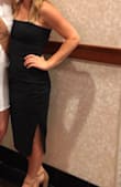 The dress material was quality and it fit great.  I did feel like I had to squeeze into this dress with the zipper, but once it was on it was very comfortable and didn't feel like it would unzip. Do wish there was a closure at the top for extra protection!  Loved that the straps were adjustable and felt fine with no bra! Im assuming I could've done a medium. - Bethany S.