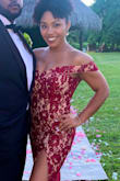 Perfect fit! Comfortable and gorgeous. Great material. Supportive. Wore it to a wedding and everyone raves about this dress all night. I can't wait to wear it again! Of note - just be careful with the sleeves, sometimes they turn over if you're raising your arms, but that's to be expected with the off the shoulder look. Just make sure the sleeves are down before you take a photo! - Bionqua L.