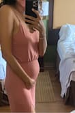 This dress is adorable and the color matches so well. It's a beautiful dusty pink color but still bright and perfect for summer. The material is thin (think underwear lines) but if you have no shows then you'll be just fine! I'm 4 months pregnant and the size was still great and on point as the dress is stretchy. Wore without a bra, but definitely can wear it with one and still be comfy. - Tatyana S.