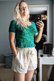 I wanted to ensure a comfortable fit, and I have a really long torso, so I went with a Medium. Fabric is comfortable, lining keeps it from being sheer. These definitely can be both "lounging around the house" shorts and "Going out to Brunch" shorts. - Whitney F.