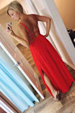 Love this dress and the open back. I wore higher heels with it because it was a little long for me but my shoes made it perfect. I probably would have been ok to go down a size but this dress was a hit. - Carolyn O.