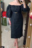 I'm very into puff sleeves right now, so this was a big draw for me!! I have larger hips and sized up to a Large, which was the right choice with a straight dress like this. I have some room to move in the midsection, but I definitely can't step into the dress - I have to pull it on over my head. It loses some shape in the middle with all the black, so I added a belt to help define my waist. I like that the sleeves could be worn up on the shoulder or off! They are very voluminous, so they may be overwhelming on someone petite - they're on the border of being too puffy for me. I may need it hemmed a bit, but not much. Fabric was very wrinkly upon arrival so I can only assume it will wrinkle easily when you wear it as well. - Cassidy E.