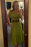 I was pretty hesitant because I don't normally like the one shoulder nor do I think I look good in them, but I gave it a go and I'm glad that I did! It is very flattering. Perfect shower or low key summer event-type dress, dinner out, date night, etc. color was flattering too! - Danielle S.