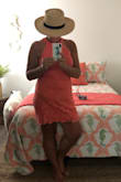 Love this dress!  The color and material are beautiful.  I usually do not wear form-fitting dresses because of my tummy, so I added some shape wear panties.  I absolutely love this dress!  Runs on the shorter side, but still ok.  The material does have a little give so it's form-fitting but still comfortable.  Perfect for my Cabo vacation! - Michele B.